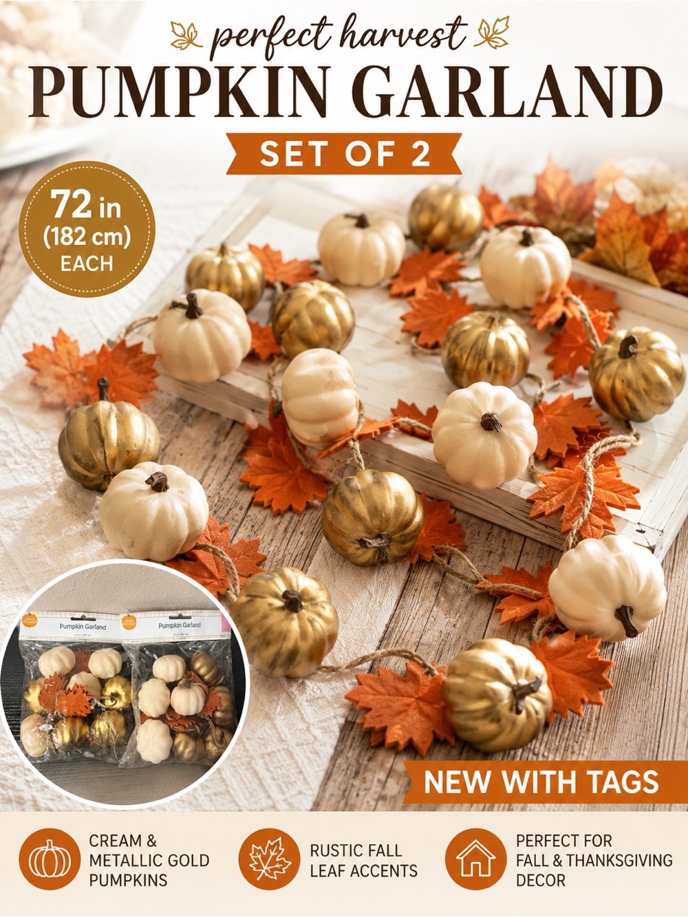 Perfect Harvest Set of 2 Pumpkin Garlands 72 Inch Fall Thanksgiving Decor